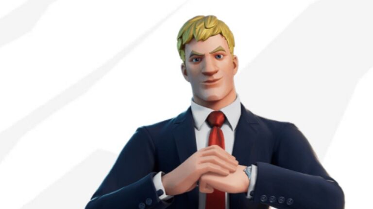 Fortnite-Figur im Anzug vor hellem Hintergrund