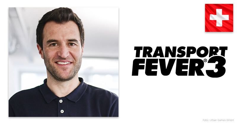 Urban-Games-Chef Basil Weber und das Logo von Transport Fever 3