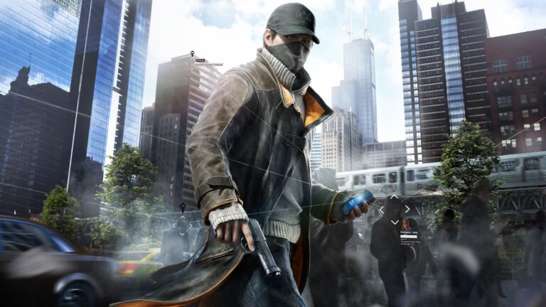 Watch-Dogs-Figur vor der Skyline einer Großstadt