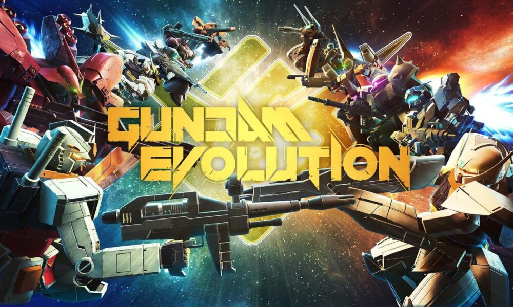 Gundam Evolution mit mehreren Mobile Suits im Weltraum