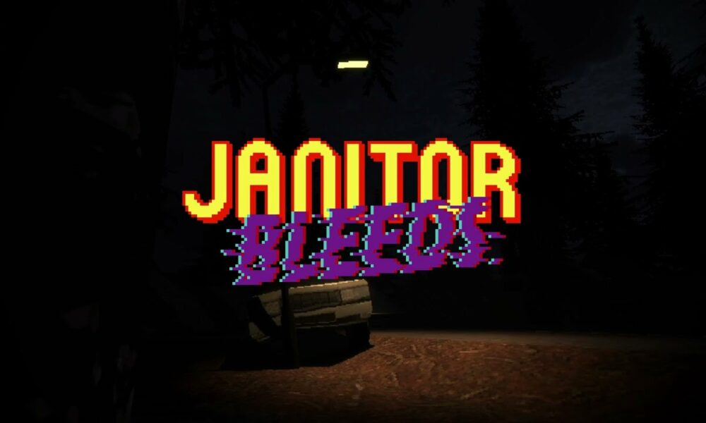 Janitor Bleeds Logo vor einem dunklen Wald und einem verlassenen Fahrzeug