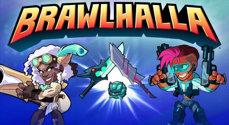 Brawlhalla mit dem Logo und mehreren spielbaren Charakteren