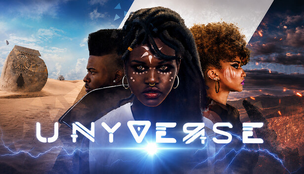 Unyverse Key Art mit drei Figuren vor einer afrofuturistischen Landschaft