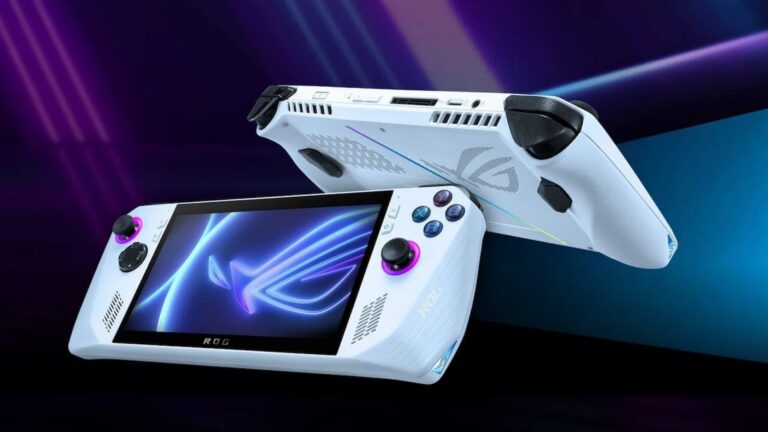 ASUS ROG Ally X Handheld vor farbigem Hintergrund