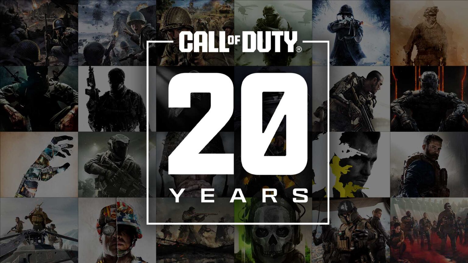 Call of Duty Logo und Figuren aus mehreren Serienteilen zum 20. Jubiläum