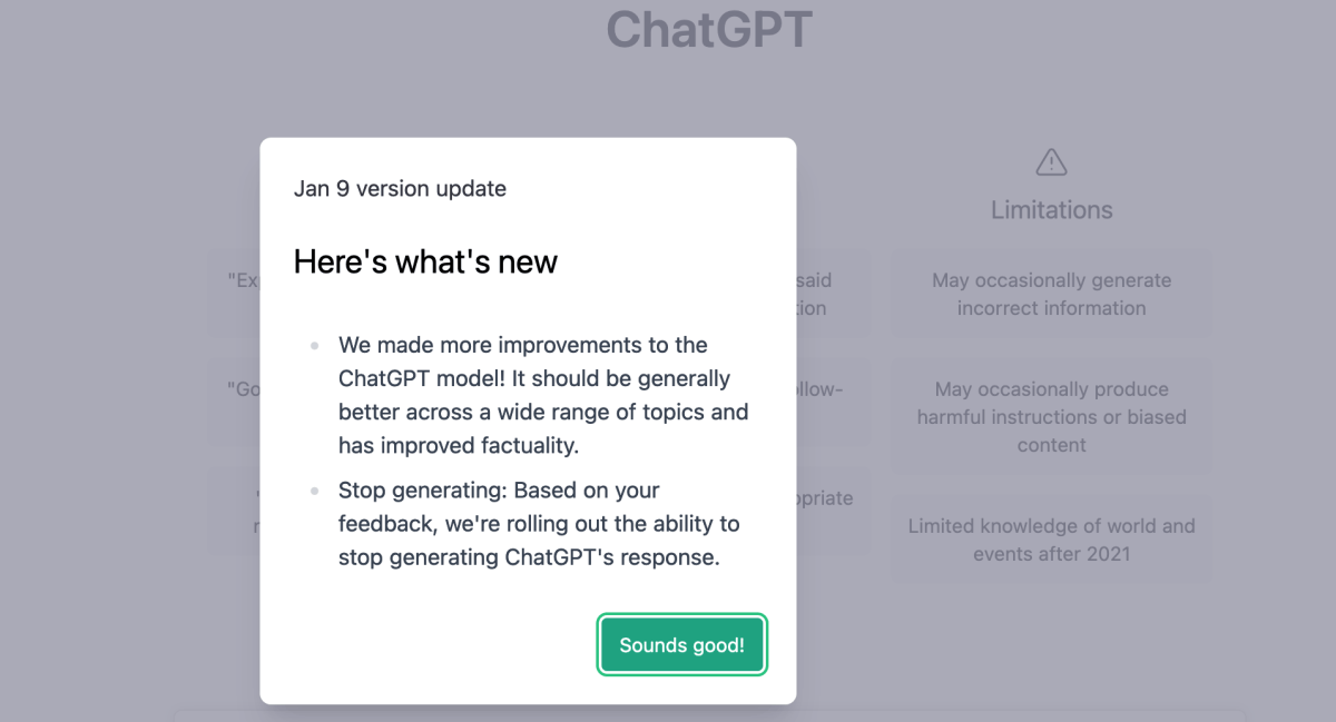 ChatGPT zeigt das Update vom 9. Januar 2023