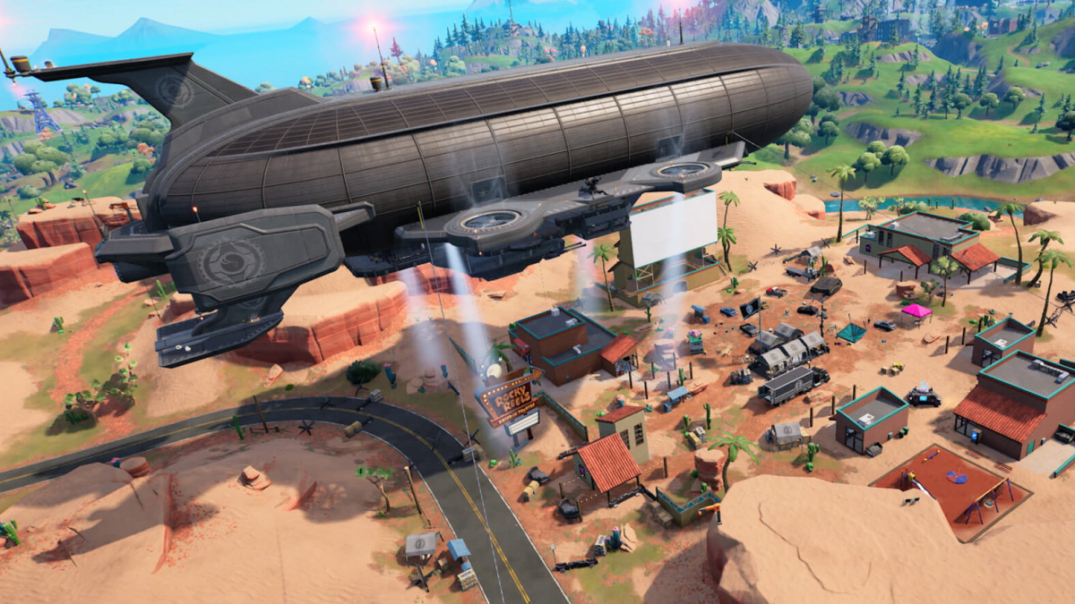 Fortnite-Spielwelt mit Luftschiff und Wüstenlandschaft - Bild: Epic Games
