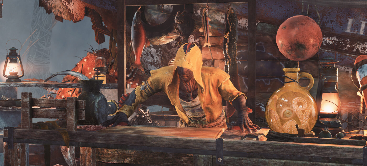Fallout 76: Angelnde Figur mit gefangenen Fischen am Stand in Appalachia