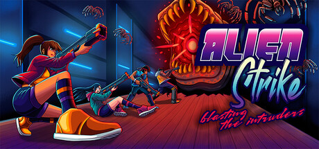Titelbild des Run-'n'-Gun-Spiels Alien Strike: Blasting the Intruders mit pixeligem Retro-Look und Alien-Invasionsszenario