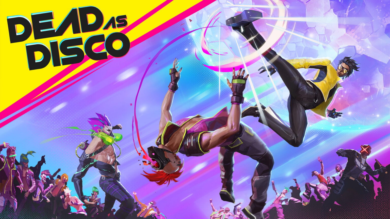 Key Art zu Dead As Disco mit neonbeleuchteter Figur vor musikalischer Kulisse