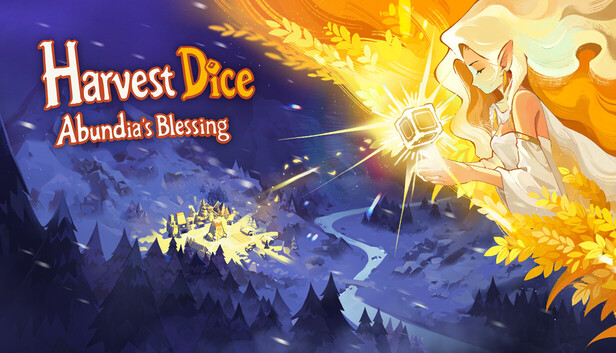 Key Art von Harvest Dice: Abundia's Blessing mit Würfeln, Karten und einer verschneiten Siedlung im Fantasy-Stil