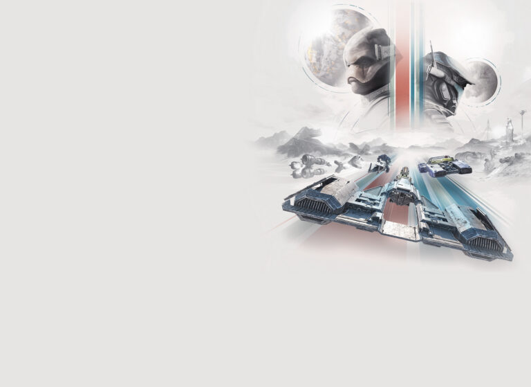 Promo-Artwork zu Star Wars: Galactic Racer mit einem Repulsorcraft im Rennen auf einer Wüstenplanet-Strecke