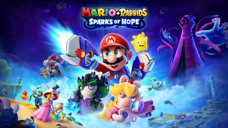 Mario + Rabbids Sparks of Hope mit Mario, Rabbid Peach und weiteren Figuren