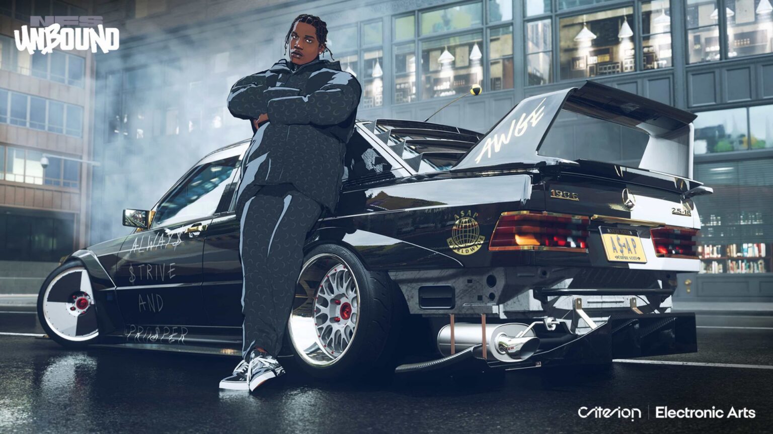 Need for Speed Unbound mit Rennwagen und farbiger Stadtkulisse
