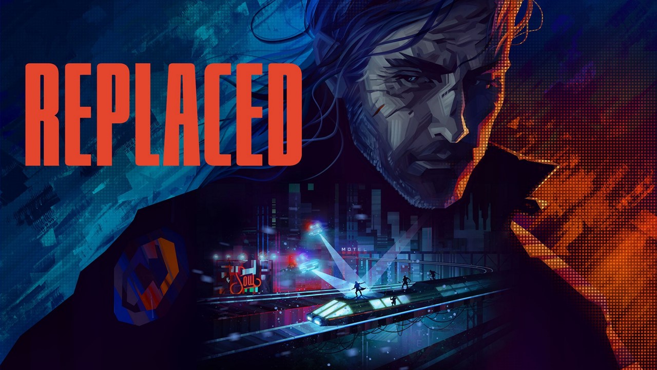 REPLACED-Key-Art mit dem Schriftzug und der dystopischen Spielwelt - Bild: Coatsink / Sad Cat Studios