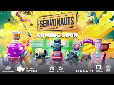 Servonauts Key-Art mit Raumtankstelle und bunten Robotern
