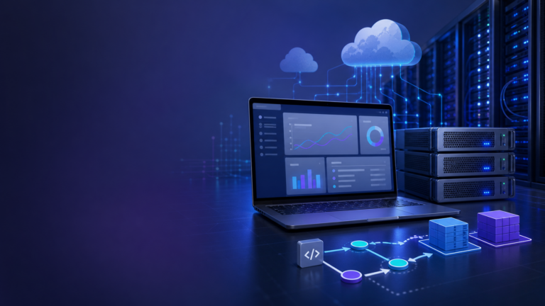 Laptop mit Cloud-Infrastruktur und Servern als Symbol für Webhosting für Startups