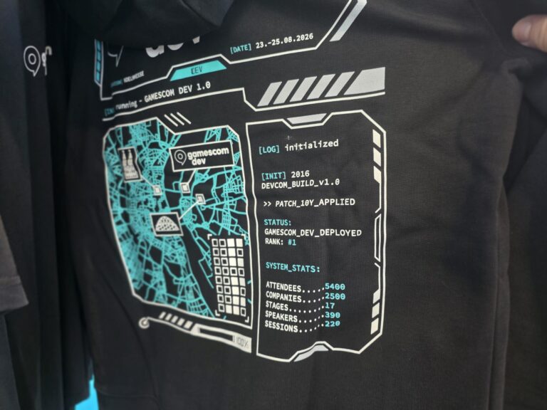 Veranstaltungsshirt der gamescom dev 2026 mit einer Grafik zu Branchendaten