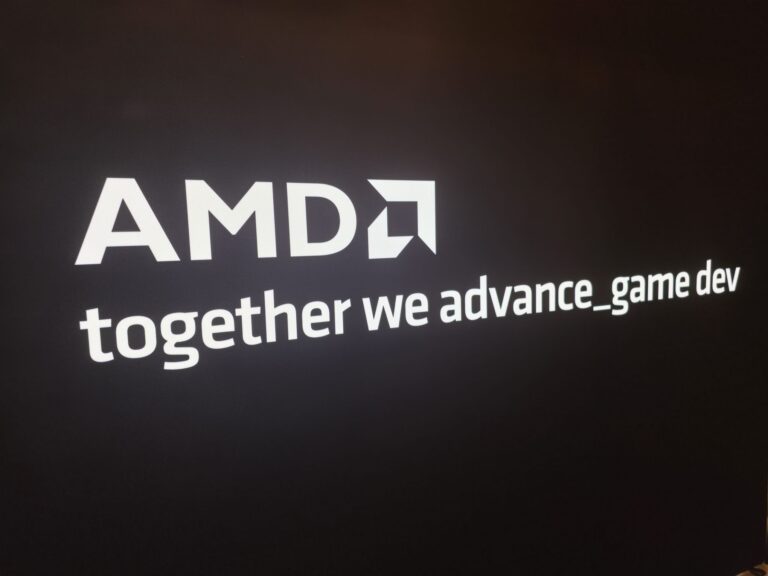 Leuchtwand von AMD mit dem Schriftzug together we advance game dev