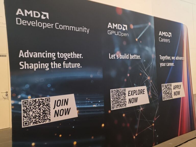 Messestand mit Hinweisen auf AMD Developer Community, GPUOpen und Karriereangebote