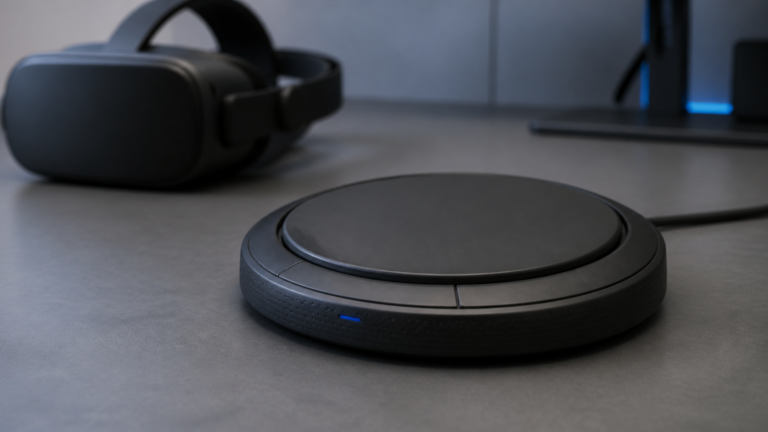 Neutrale VR-Fußsteuerung neben einem Headset