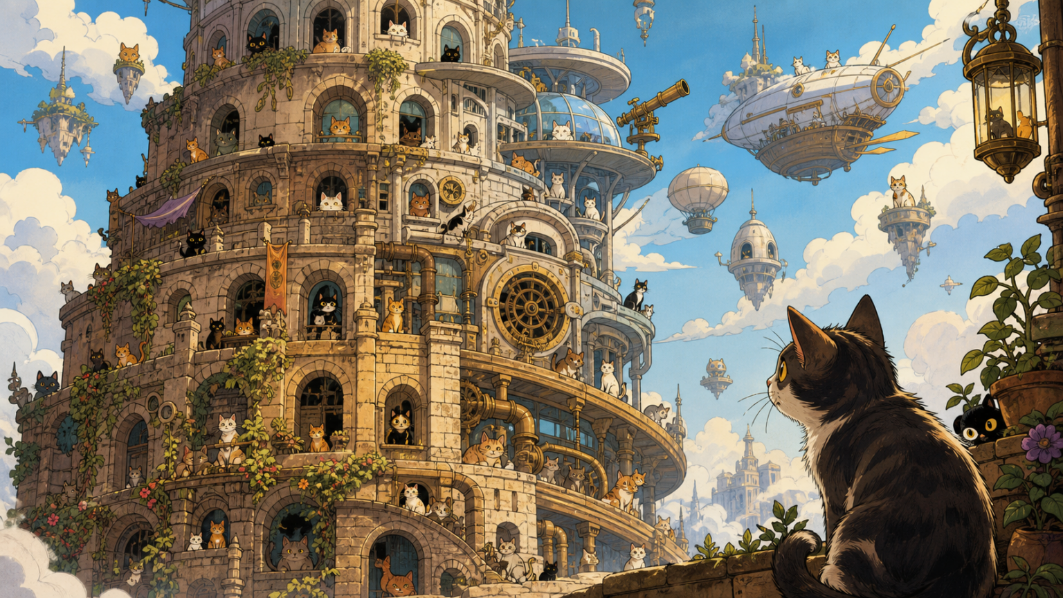 Viele Katzen in einem fantastischen Turm