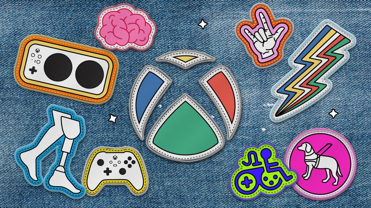 Xbox-Logo auf einer Jacke neben Symbolen für Barrierefreiheit