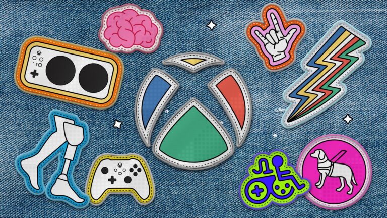Xbox-Logo auf einer Jacke neben Symbolen für Barrierefreiheit
