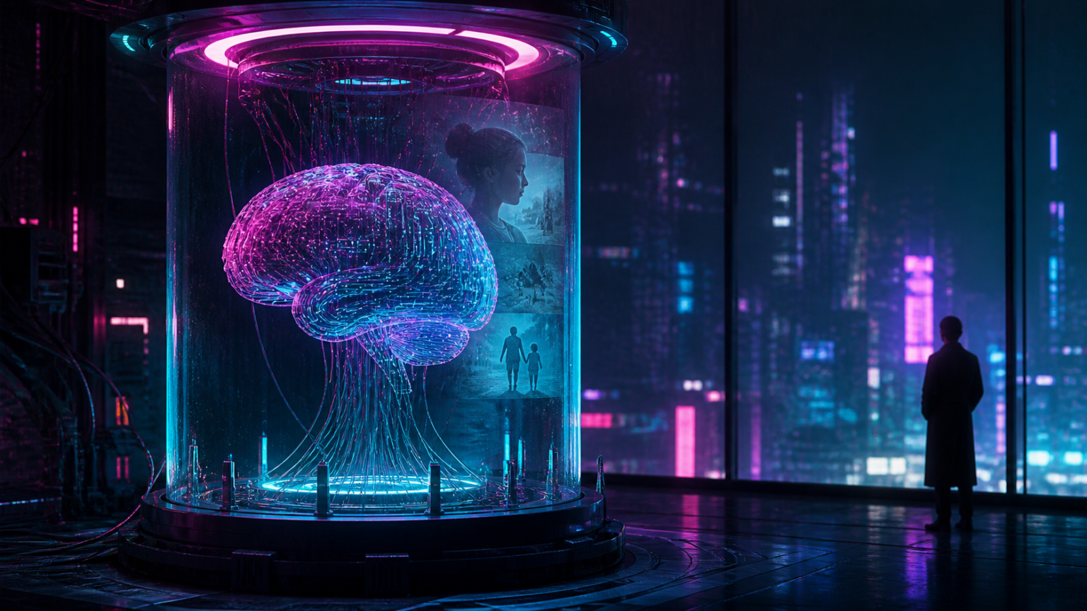 Leuchtendes synthetisches Gehirn in einer Cyberpunk-Stadt