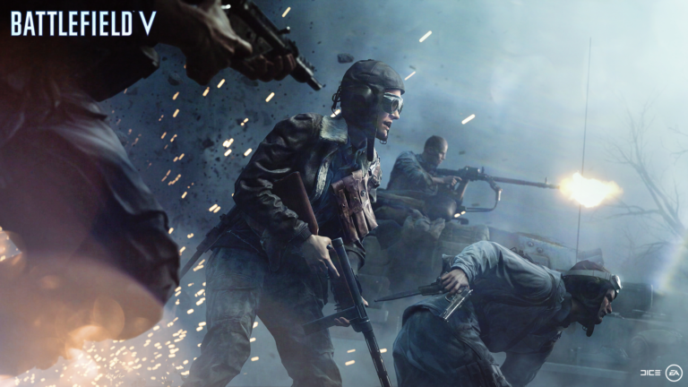 Battlefield V im Gefecht mit Soldaten und EA sowie DICE Logos - Bild: EA/DICE