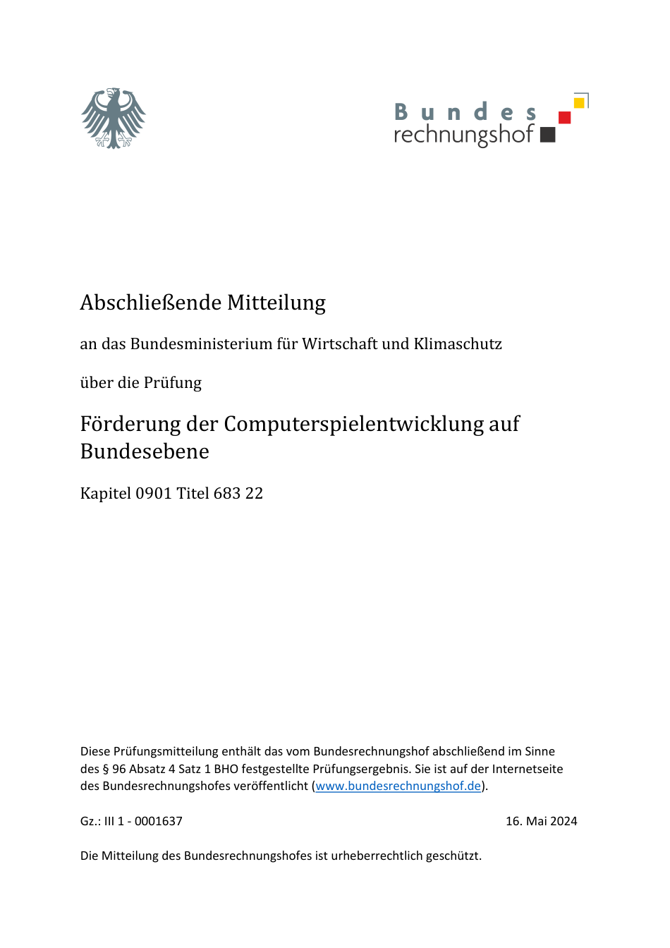 Titelblatt der Prüfungsmitteilung des Bundesrechnungshofes zur Computerspielförderung