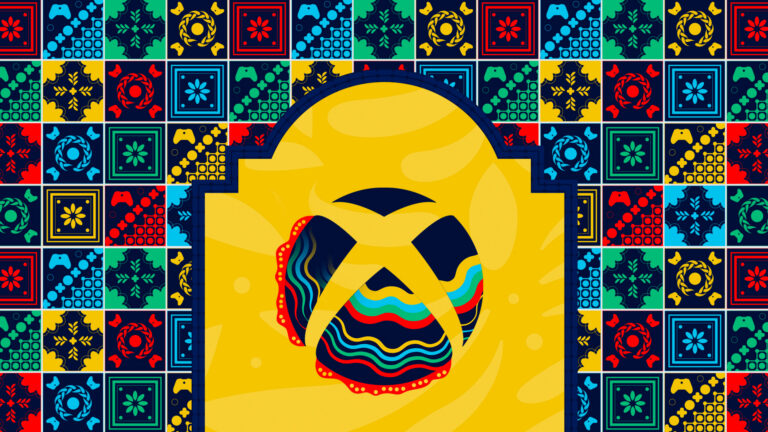Xbox-Grafik zum Hispanic Heritage Month mit stilisiertem Xbox-Logo und Textilmuster