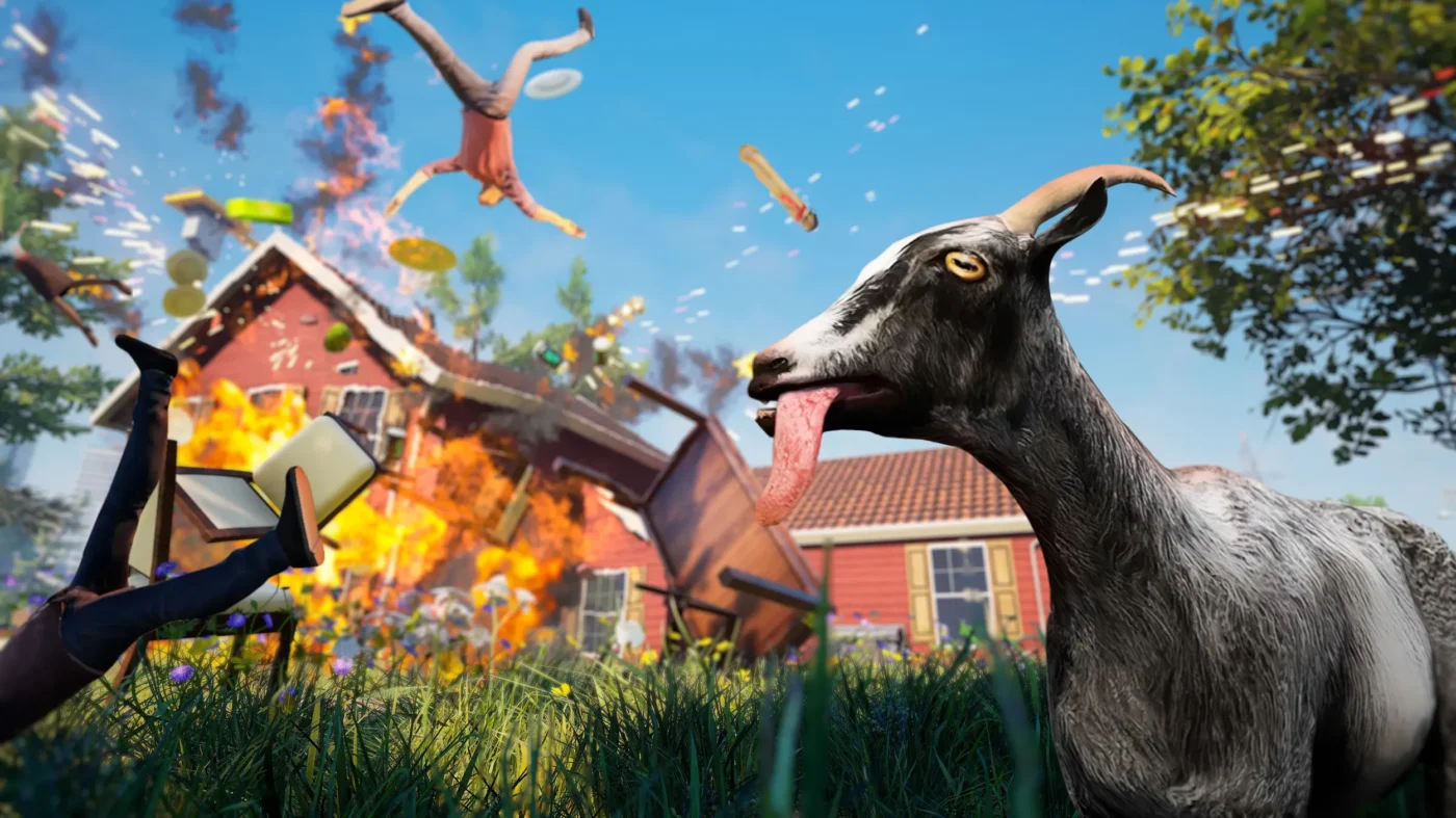 Goat Simulator Remastered mit einer Ziege vor einer brennenden Stadt