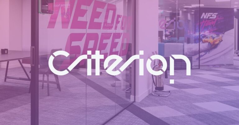 Criterion-Studio mit Need-for-Speed-Motiv im Hintergrund