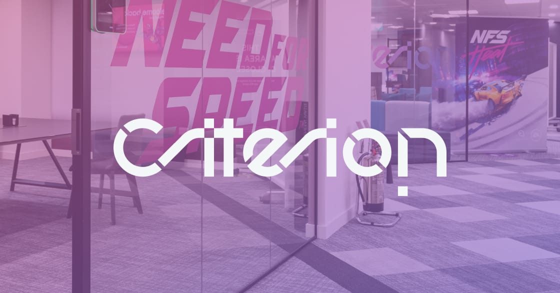 Criterion-Studio mit Need-for-Speed-Motiv im Hintergrund