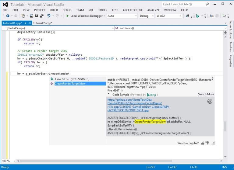 Developer Assistant sucht C++-Codebeispiele in Visual Studio