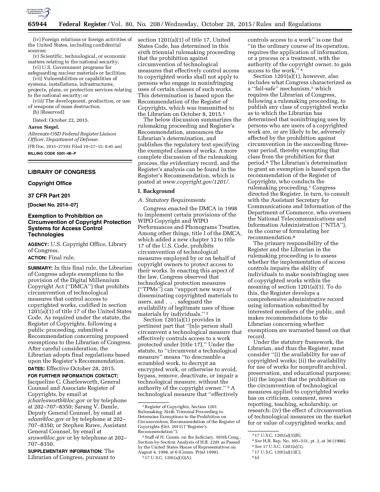 Titelseite der US-Regelung zu Videospielen mit abgeschalteten Servern - Bild: U.S. Copyright Office