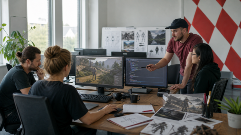 Games-Entwicklungsteam bei der Arbeit an einem Prototyp, Symbolbild