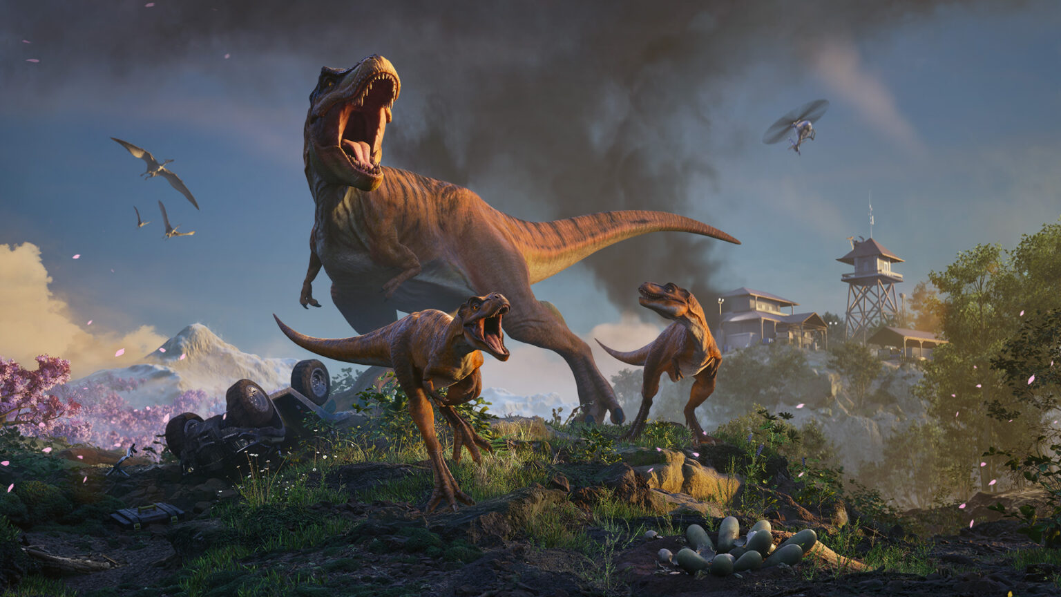 Jurassic World Evolution 3 mit mehreren Dinosauriern in einer Parklandschaft