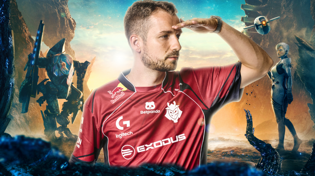 G2 Esports Trikot mit EXODUS-Logo vor dem Science-Fiction-Motiv
