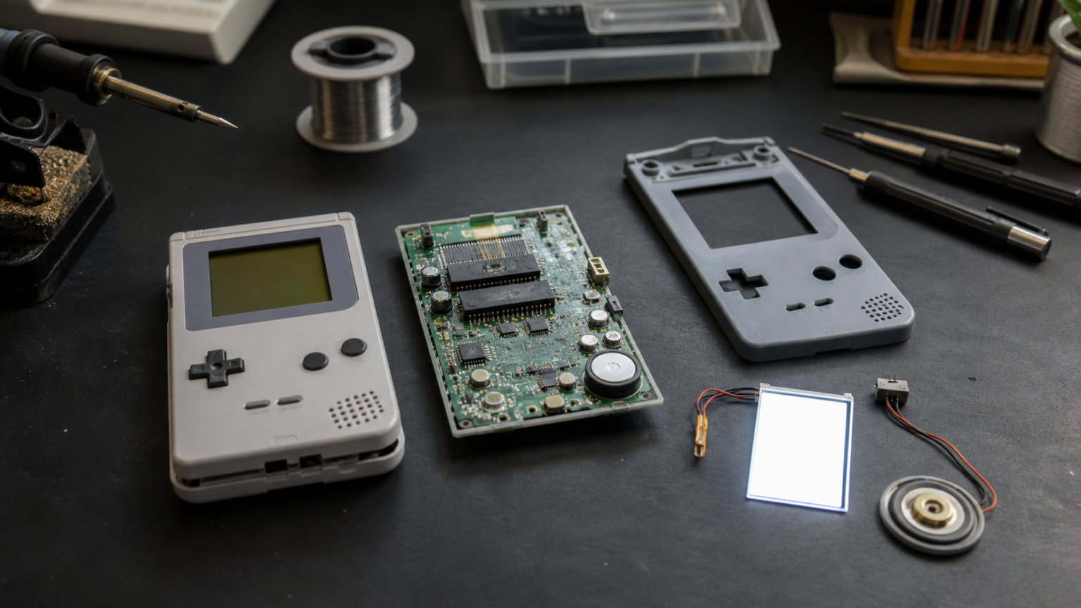 Game Boy Pocket mit ausgebauter Platine, Backlight-Modul und Lautsprecher am Elektronik-Arbeitsplatz - Bild: KI-generiert für XboxDev