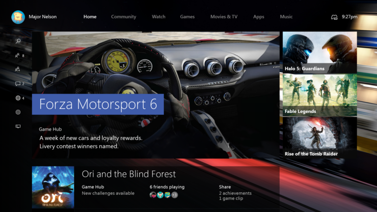 Xbox-One-Nutzerführung mit Bereichen für Home, Community, Watch und Games - Bild: Xbox Wire
