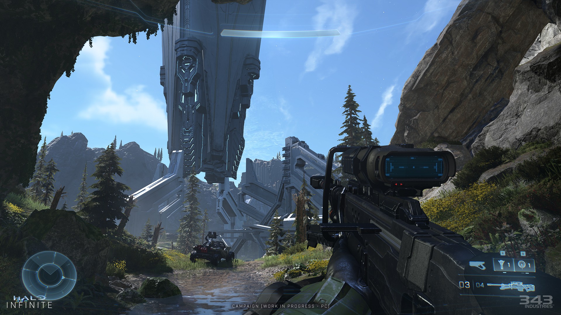 Halo Infinite Multiplayer auf einer Spielkarte mit einem Gewehr im Vordergrund