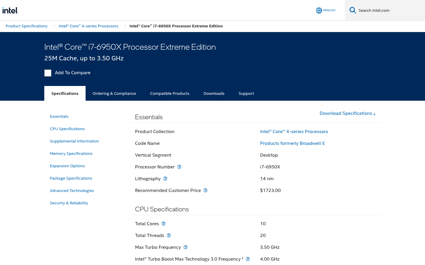 Intel Core i7-6950X auf der offiziellen Intel-Produktseite