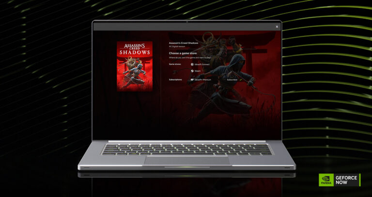 GeForce NOW Startbildschirm mit hervorgehobenen Spiele-Labels fuer Xbox Game Pass und Ubisoft+