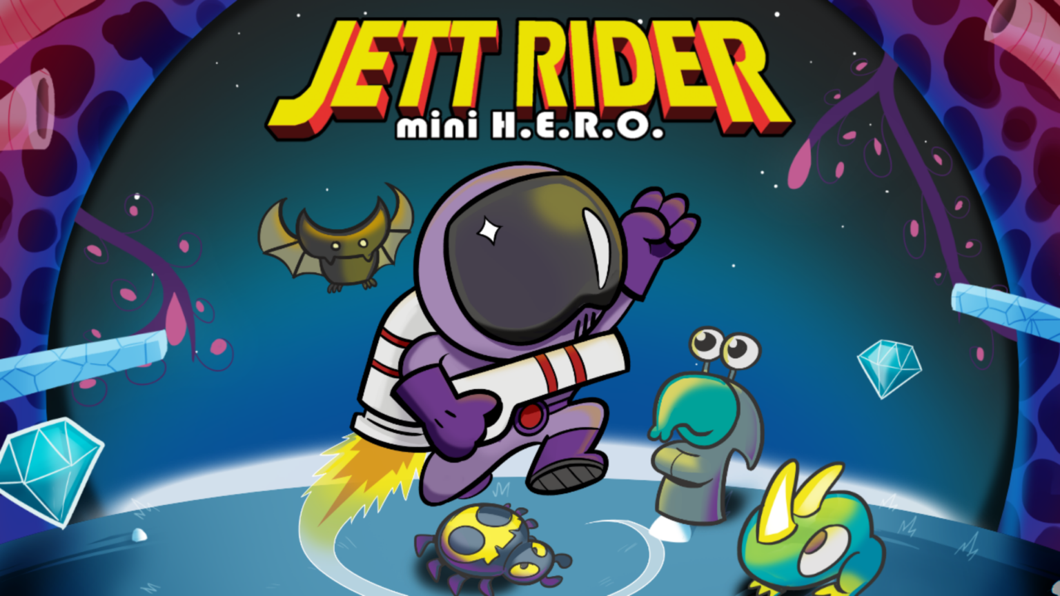 Titelgrafik von Jett Rider Mini H.E.R.O. mit Protagonist in retroer Game-Boy-Optik vor Höhlenkulisse