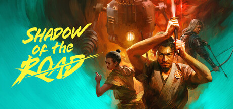 Key-Art von Shadow of the Road mit Samurai und mechanischen Einheiten vor einem japanischen Hintergrund
