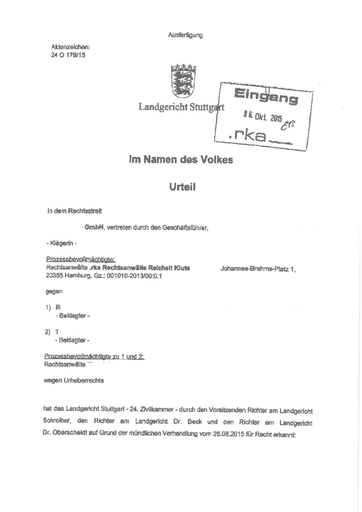 Erste Seite des Urteils des Landgerichts Stuttgart zum Filesharing eines PC-Spiels - Bild: Landgericht Stuttgart