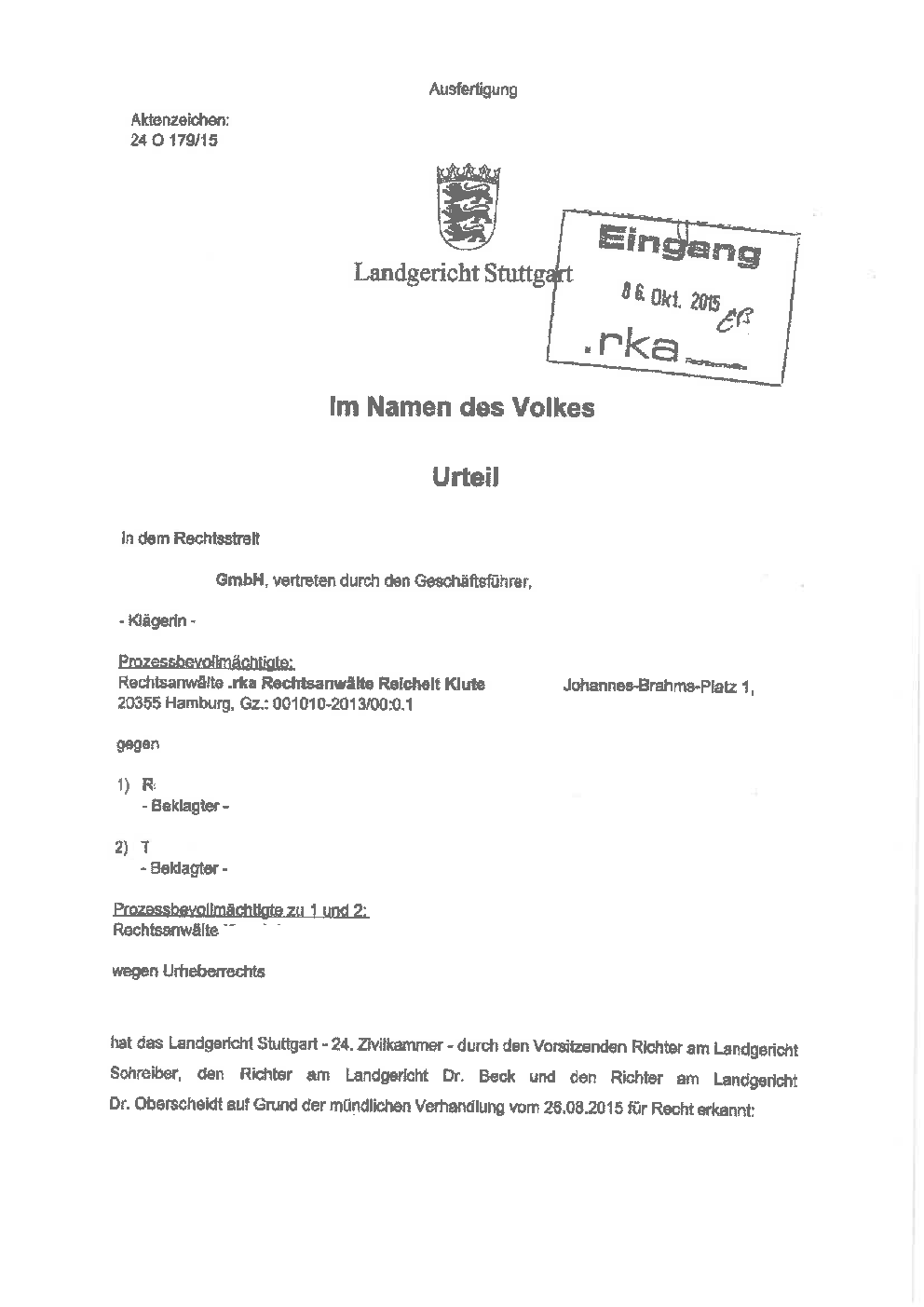 Erste Seite des Urteils des Landgerichts Stuttgart zum Filesharing eines PC-Spiels - Bild: Landgericht Stuttgart