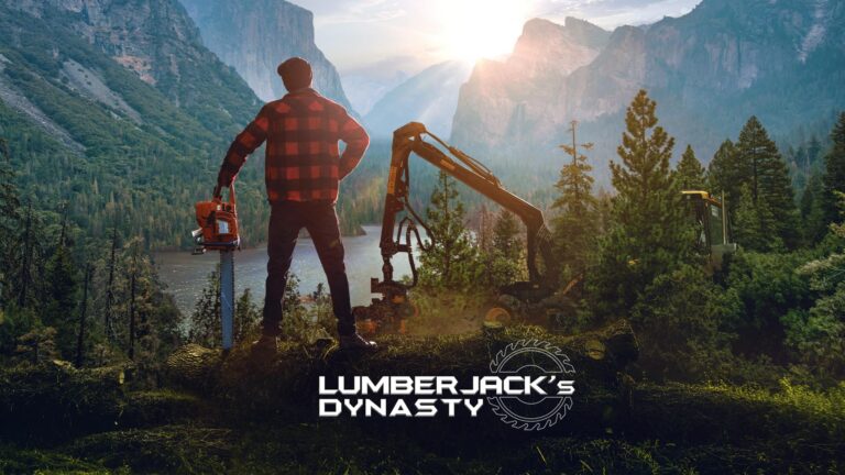 Lumberjack's Dynasty mit Holzfäller und Forstmaschine in einer Berglandschaft